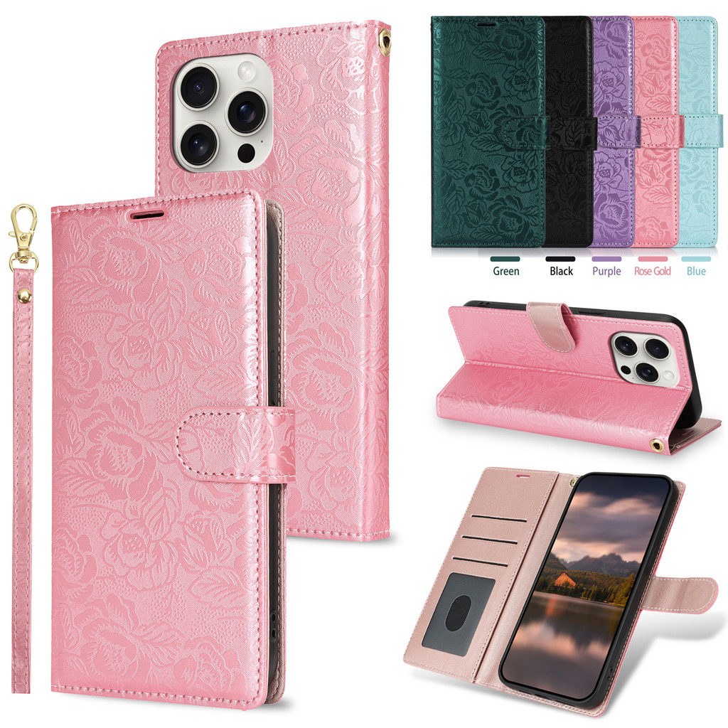 เคสซัมซุง Case for Samsung Galaxy S24 FE S25 S23 S22 Ultra S21 S20 FE 5G S10 Plus S10+ S20+ S21+ S22+ S23+ S24+ เคสโทรศัพท์หนังฝาพับพร้อมช่องใส่บัตรสําหรับ PU Leather Flip Cover Embossed Flower Wallet With Card Slots Soft TPU Shell Hand Strap