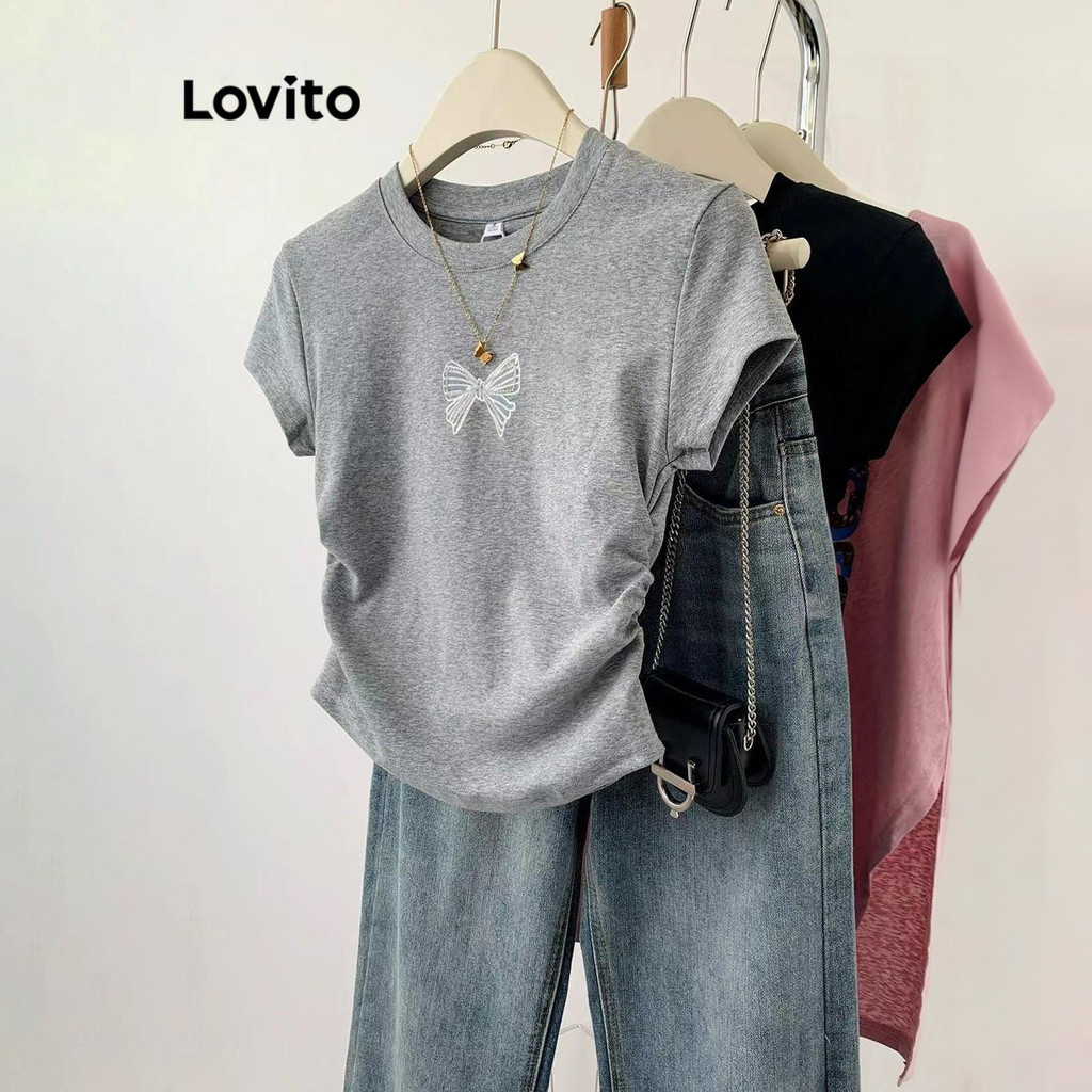 Lovito เสื้อยืดผู้หญิง จับจีบย่น ลายผีเสื้อ สไตล์ลำลอง LNE58690