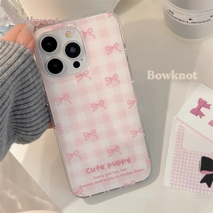 Iphone 16 15 14 13 12 11 Pro Max X Xr Xs Max 7 8 Plus SE2020 เคสโทรศัพท์ตารางสีชมพูสดและโบว์รูปแบบ Clear Soft ฝาหลัง