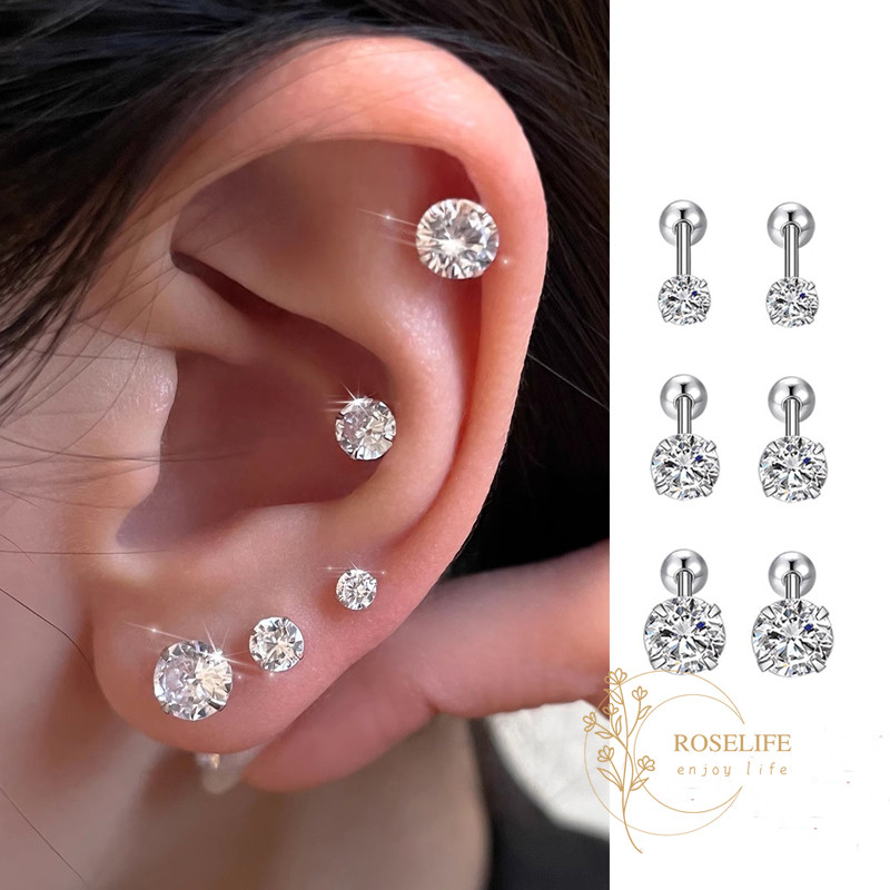 Roselife 2 ชิ้น S925 เงินรอบ Ball Shining คริสตัลเจาะสกรูต่างหูผู้หญิงผู้ชายสวมใส่ทุกวันเลือกฟรีหู Studs เครื่องประดับ
