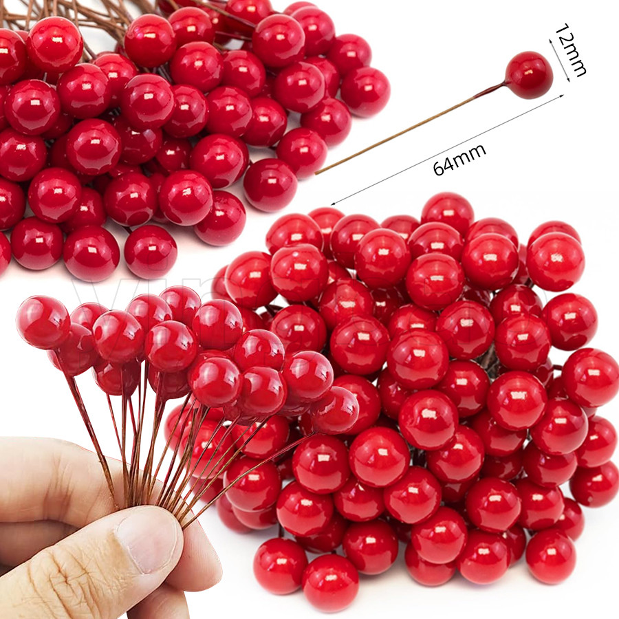 300 ชิ้นประดิษฐ์ Holly Berries น่ารัก 12 มม. ผลเบอร์รี่ปลอมบนลวดสมจริง Berries สําหรับต้นคริสต์มาส Garland ดอกไม้พวงหรีดตกแต่งพวงหรีด DIY Craft ใช้