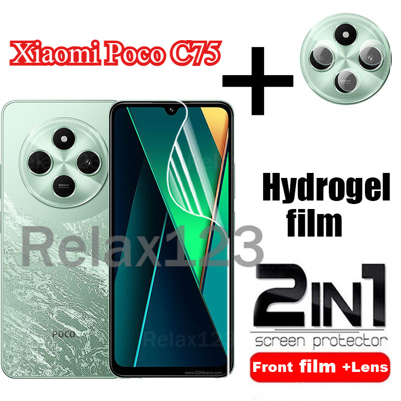 Xiaomi Poco C75 4G 2in1 ฟิล์มไฮโดรเจลด้านหน้าและฟิล์มเลนส์สําหรับXiaomi PocoC75 4G PocoC75 4G PocoC 75 4G 2024 2in1 ฟิล์มเลนส์ป้องกันหน้าจอฟิล์มไฮโดรเจล