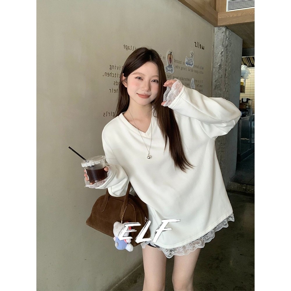 แฟชั่นผู้หญิงฤดูใบไม้ร่วงฤดูหนาวรอบคอลูกไม้ตัดเรียบง่ายหรูหราเกาหลี / เสื้อเชิ้ตแขนยาวคอวี