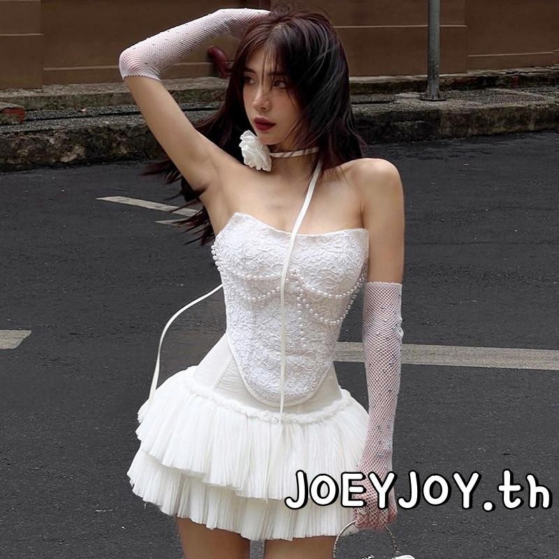 Joeyjoy-เสื้อรัดรูปลูกไม้สตรีเกาะอกแบบเกาะอกพร้อมสร้อยคอดอกไม้