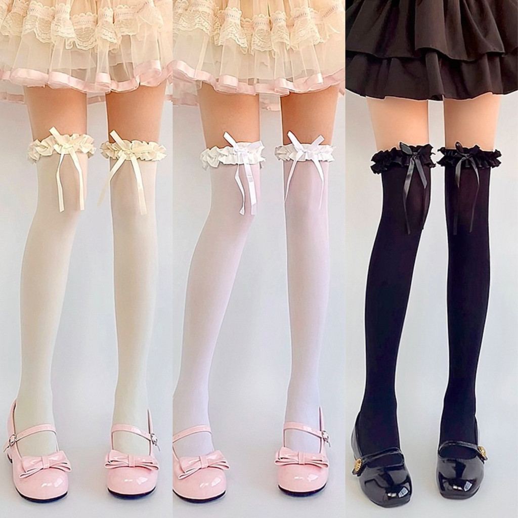 โลลิต้านัวเนียถุงเท้าโบว์ยาวลูกไม้สีขาวเข่าสูงถุงเท้าญี่ปุ่นหวานเจเคสาวน่ารักโบว์กว่าเข่าเพราะต้นขาถุงน่อง