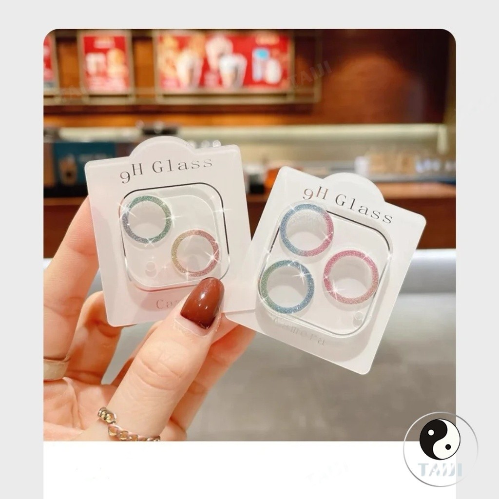 TAIJI 2 ชิ้นหรูหรา Glitter สีสันกล้องเลนส์ Protector สําหรับ iPhone 16 15 14 13 12 11 Pro Max 16 15 14 Plus เลนส์กล้อง Protector