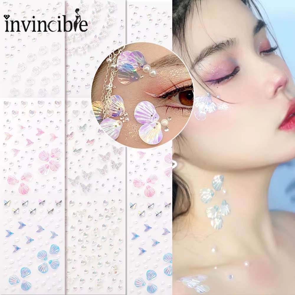 Iridescent Shells Pearls Diamond Gem Face Makeup Sticker - DIY สีสันผีเสื้อ Rhinestone Tattoos สติกเกอร์ - เทศกาลกันน้ํา DIY Body Art ตกแต่ง