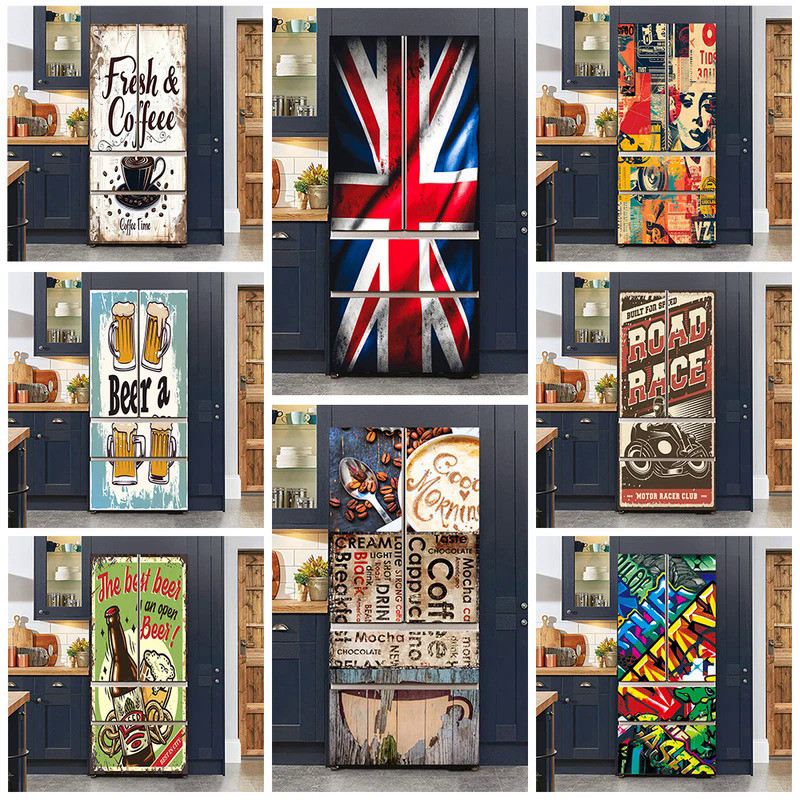 สติ๊กเกอร์ตู้เย็นที่กําหนดเอง Retro Flag Cofeeเบียร์ออกแบบตู้เย็นประตูArt Mural Decalsวอลล์เปเปอร์กันน้ําห้องครัวที่ถอดออกได้VINTAGEตู้เย็นสติกเกอร์Fridgeสติกเกอร์