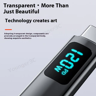 จอแสดงผลดิจิตอลอัจฉริยะ 120W Super Fast สายชาร์จ, USB To Type C Charger สายไฟ LED Digital Display, โปร่งใส Dual Type C ข้อมูลสายสําหรับ ios15/16 ประเภท C