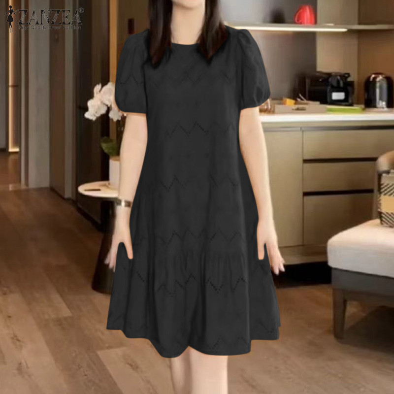 Zanzea ชุดเดรสคอกลมแขนสั้นพัฟลําลองเกาหลีสําหรับผู้หญิง — صورة 5