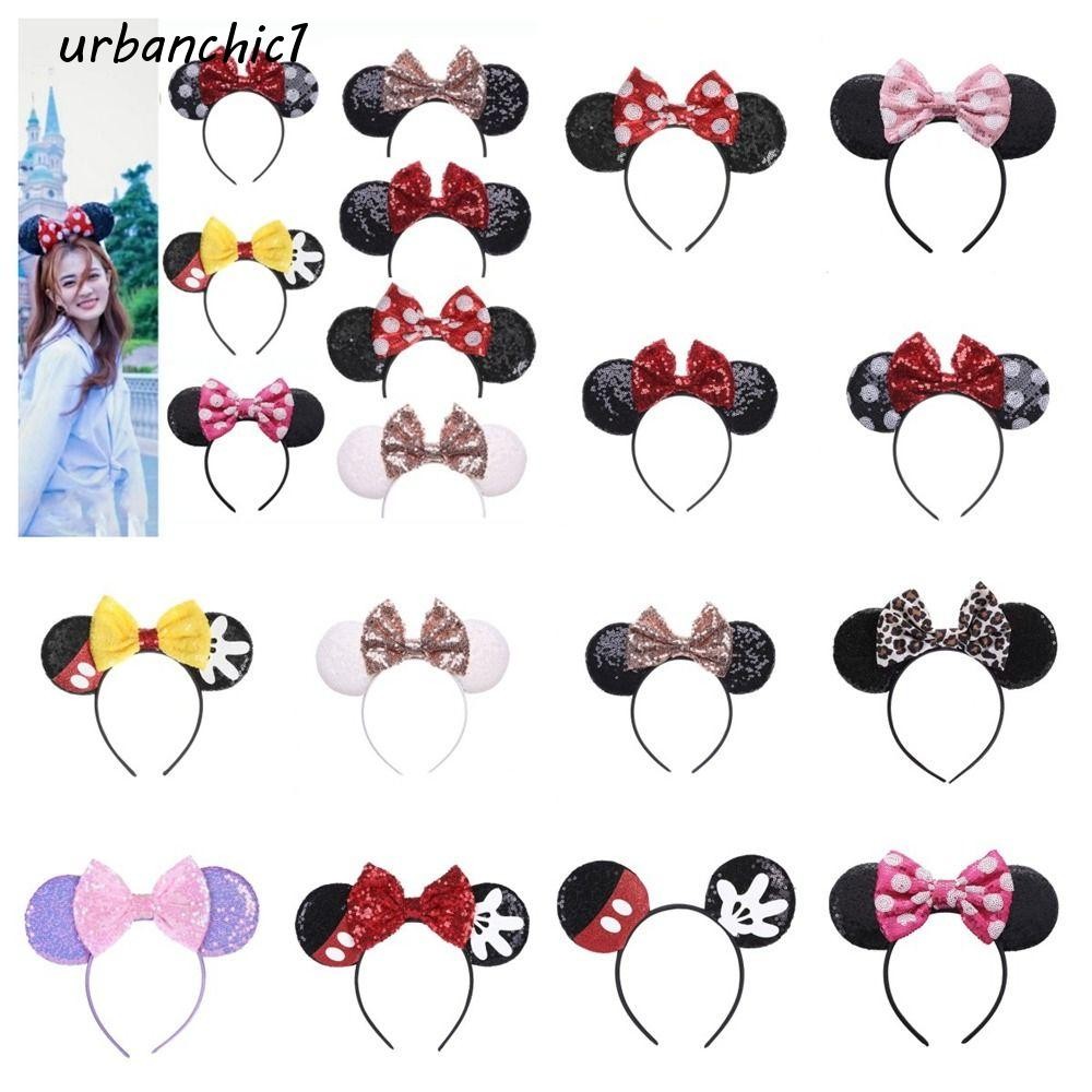 Urbanchic ที่คาดผมเลื่อมมิกกี้, ที่คาดผมติดโบว์ Minnie Headpiece, หูฟังน่ารักหูเมาส์การ์ตูนโบว์ที่คาดผมท่องเที่ยว