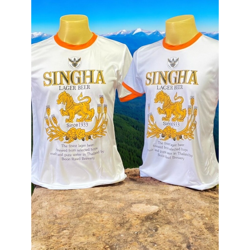 เสื้อสกรีนลาย เบียร์สิงห์ เสื้อขาว-คอส้ม งานสกรีนสีสด คมชัด มี5ไซส์ S M L XL 2XL ใส่ได้ทั้งหญิง-ชาย