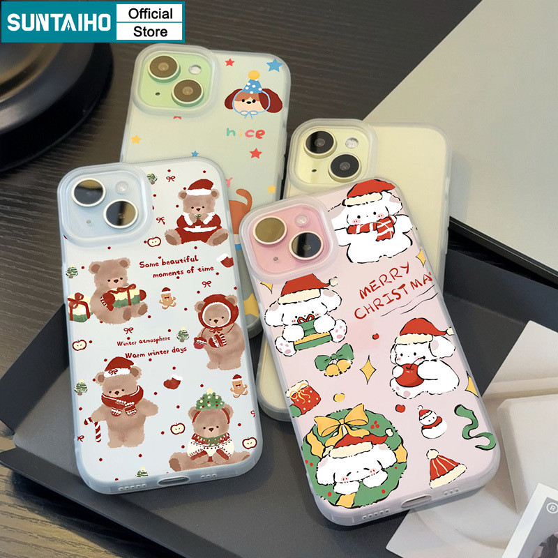 Suntaiho เคสไอโฟน น่ารักคริสต์มาสหมีสุนัขรูปแบบ Clear Frosted สําหรับ Iphone 16 15 14 12 13 11 Pro Max IP 7 8 Plus Iphon X Xs XR Xs Max TPU ซิลิคอนนุ่มพรีเมี่ยมกันกระแทกปกหลัง