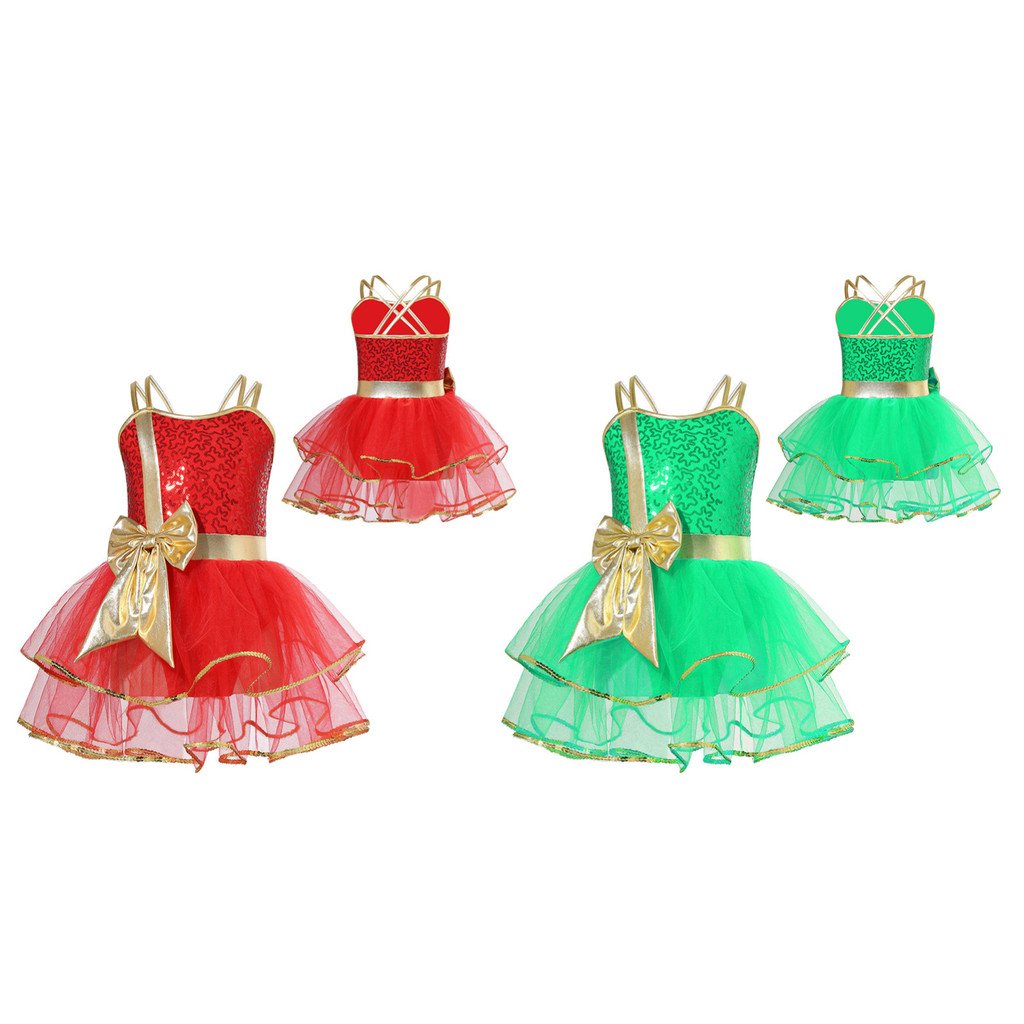 Venjoe สาวคริสต์มาสเต้นรํา Tutu ชุดคู่สปาเก็ตตี้สายรัดแขนกุดเงาเลื่อมโบว์ Cami ชุด Leotard บอดี้สูทสําหรับคอสเพลย์ปาร์ตี้ประสิทธิภาพ