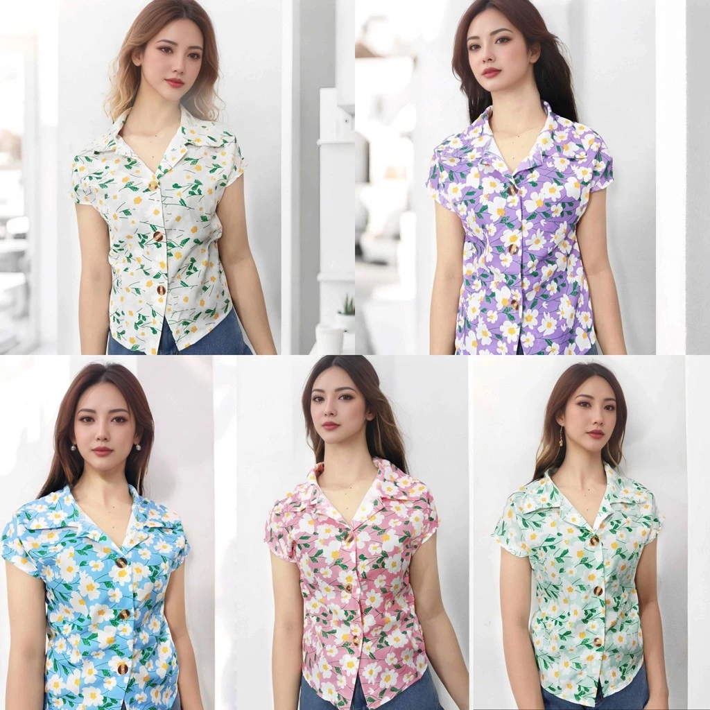 เสื้อผู้หญิงลายดอกไม้ แขนสั้น สไตล์ฤดูร้อน สงกรานต์