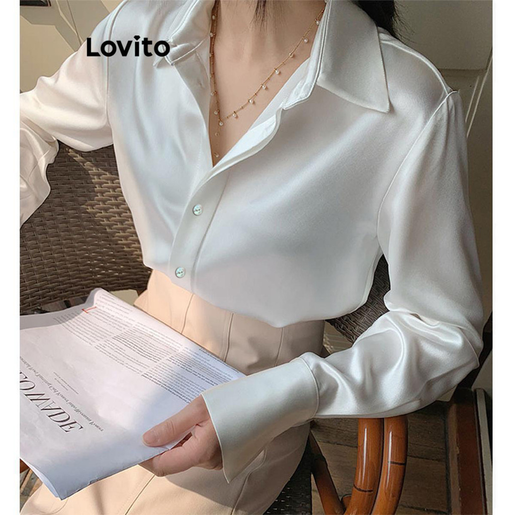 Lovito เสื้อเบลาส์ผู้หญิง สีพื้น สไตล์หรูหรา LNL63363