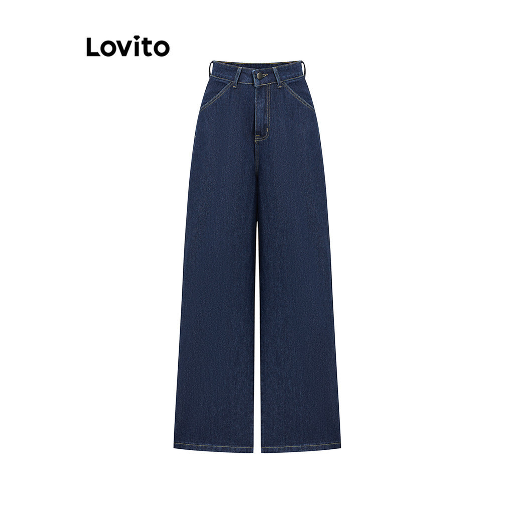 Lovito กางเกงยีนส์ผู้หญิง มีกระเป๋า สีพื้น สไตล์ลำลอง L93AD059