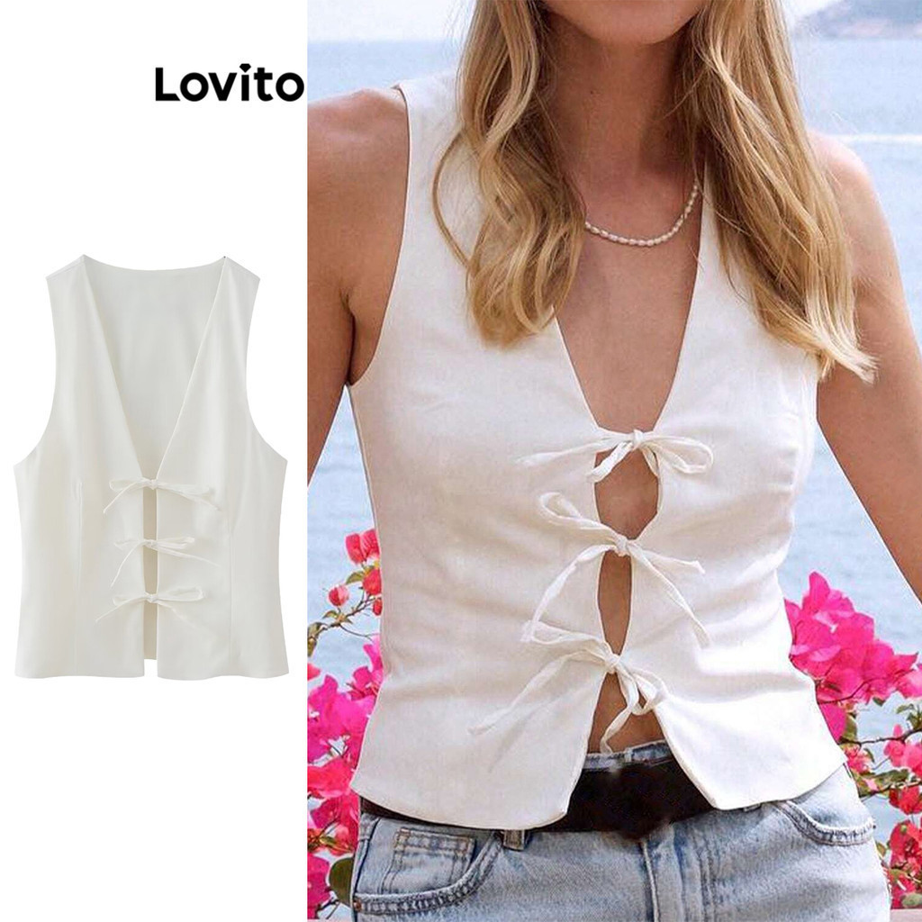 Lovito เสื้อเบลาส์ลูกไม้ธรรมดาสำหรับผู้หญิง LNL73110