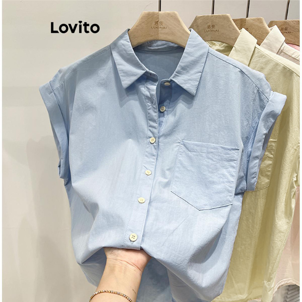 Lovito เสื้อเบลาส์ผู้หญิง แต่งกระดุม สีพื้น สไตล์ลำลอง LNE43023(หลากสี)