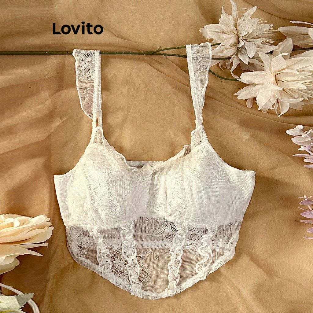 Lovito เสื้อแขนกุดผู้หญิง ลูกไม้ สีพื้น สไตล์น่ารัก L90AD042