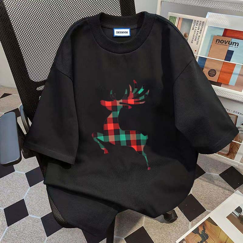 (จัดส่งตลอด 24 ชั่วโมง)Woo Right เสื้อยืดคริสต์มาส Elk OVERSIZE สไตล์พิมพ์หลวมแฟชั่นสวมใส่สบายไม่ยับ