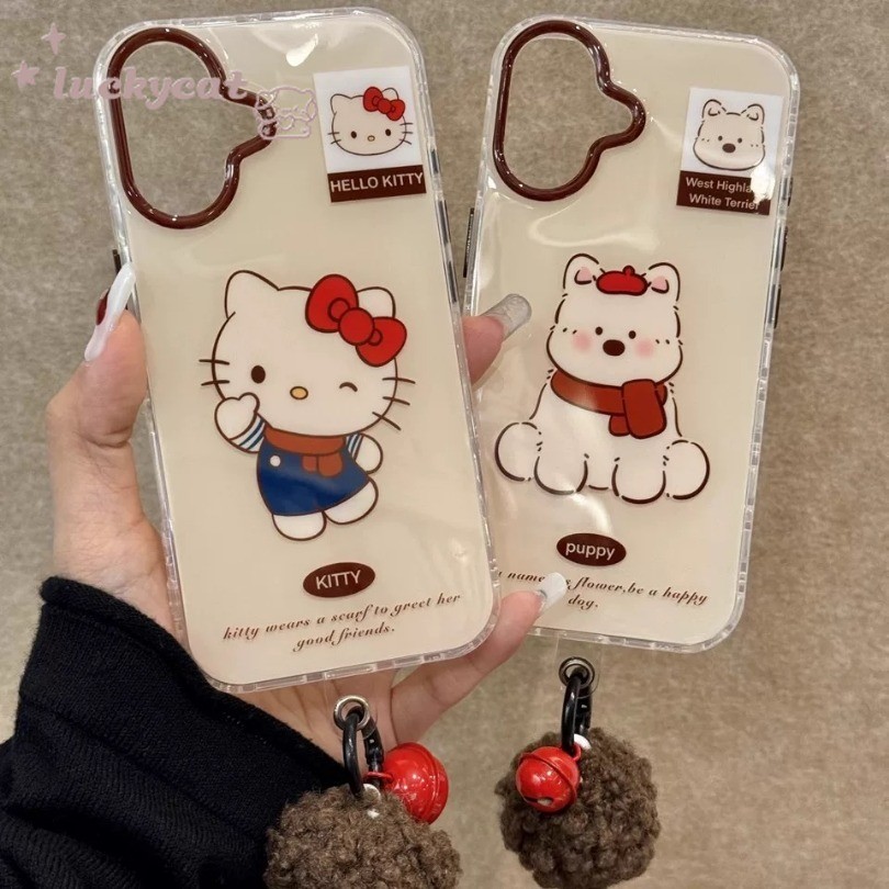 Iphone 16 15 14 13 12 11 Pro Max X Xr Xs Max 7 8 Plus SE2020 เคสโทรศัพท์การ์ตูนน่ารักสวมผ้าพันคอสีแดง KT Cat และ Puppy คู่รูปแบบ Clear Soft ฝาหลัง