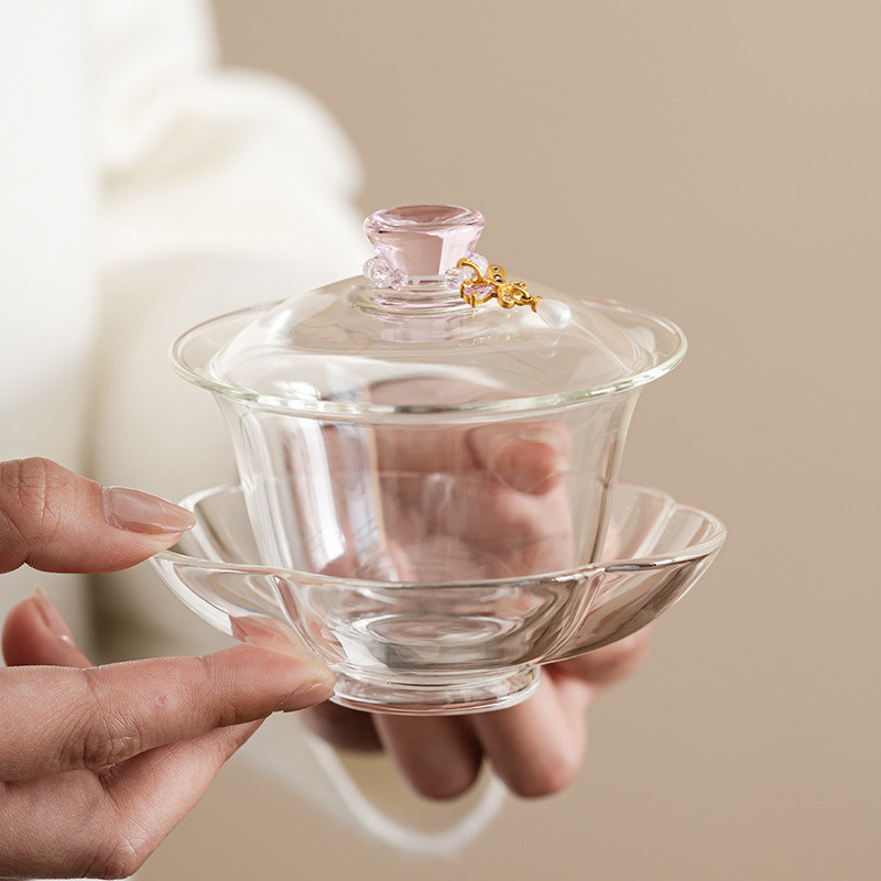 แก้วบอโรซิลิเกตสูง Sancai Gaiwan ถ้วยชาชามชาในครัวเรือน Kung Fu ชุดชาชาม Teaware Lotus [T2-1002]