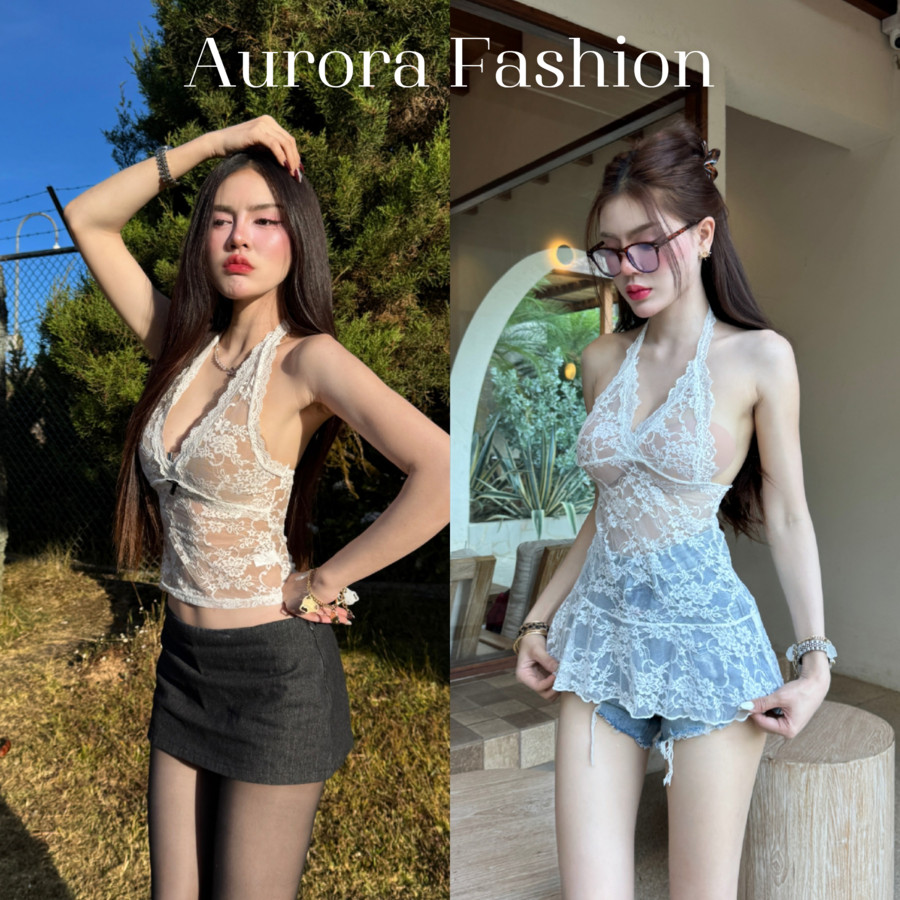Aurora🛒พร้อมส่ง🚚 (รูปถ่ายจากงานจริง) เสื้อลูกไม้คล้องไหมพรม ใส่ง่าย เซ็กซี่แบบแซ่บเวอร์