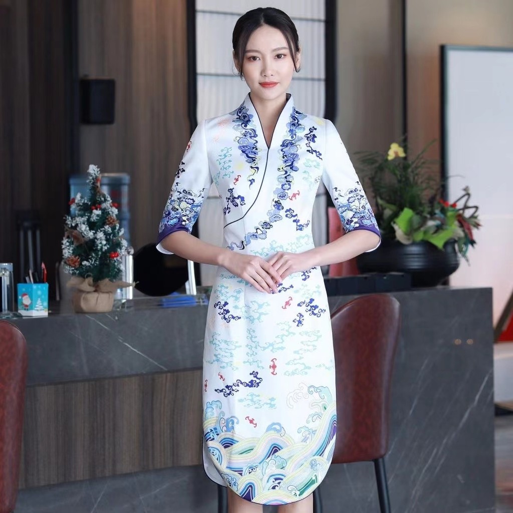 HNA Cheongsam Uniform พนักงานต้อนรับบนชุดธุรกิจชุดสูทพนักงานขายชุดทำงานระดับไฮเอนด์ต้อนรับใหม่