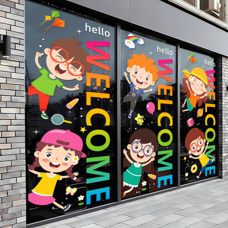 อนุบาลสติกเกอร์แก้วโรงเรียนการ์ตูนห้างสรรพสินค้าสนามเด็กเล่นประตูกระจกตกแต่งเด็กธีมยินดีต้อนรับตกแต่ง - รูปที่ 2