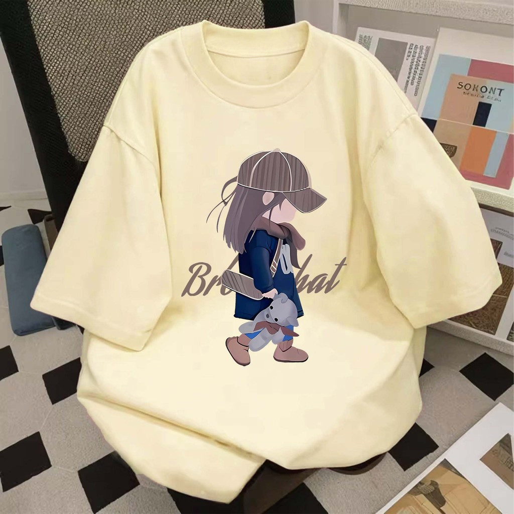 Basi💥 ผู้หญิง เสื้อยืด oversize เกรดพรีเมียม เสื้อคอตตอน100% ไม่หดตัว ใส่สบาย การ์ตูนน่ารัก ลาย "GIRL Brlhat"