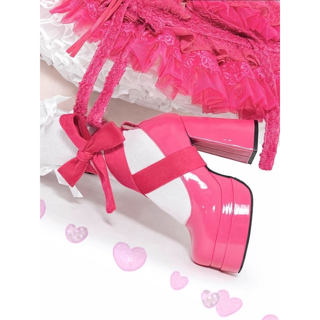 แพลตฟอร์มกันน้ําอ่อนโยนหนาsoledรองเท้าส้นหนา2025 สไตล์ใหม่ฤดูใบไม้ผลิRetro Bow Superรองเท้าส้นสูงMary Janeรองเท้า