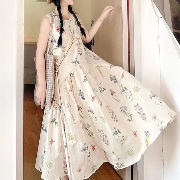 วันหยุดฝรั่งเศสหวานดอกไม้หักแขนกุดพิมพ์ชุด 2025 ฤดูร้อนใหม่พอดีหลวม Maxi สำหรับผู้หญิง
