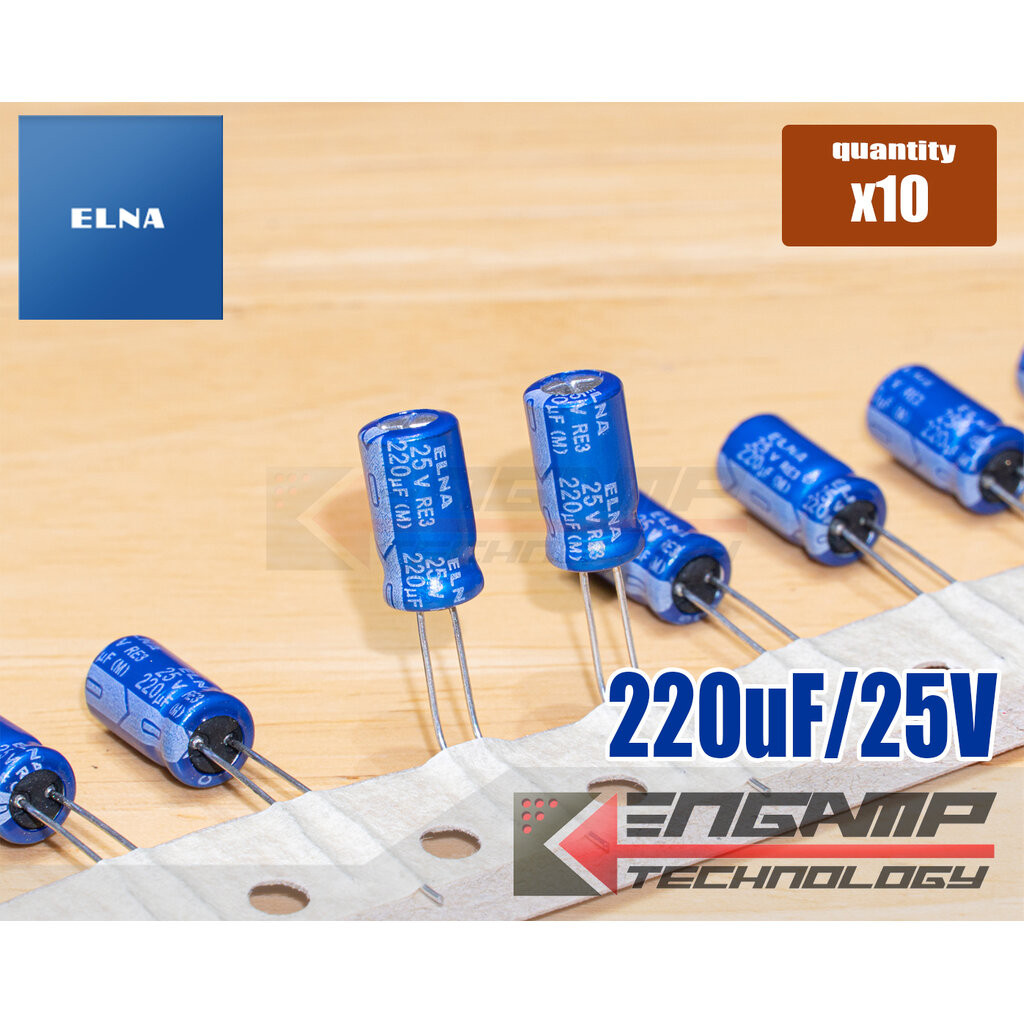 (10ตัว) [E-CAP] 220uF/25V 85C ELNA RE3 8x12mm P=5mm บางล๊อต 6.3x12mm