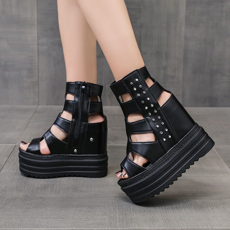 เพิ่มขึ้นรองเท้าแตะโรมัน👠รองเท้าแตะส้นเตารีดทรงปากปลา รองเท้าส้นตึก รองเท้า ส้นตึก สูง12ซม. ไม่หนักใส่สบาย