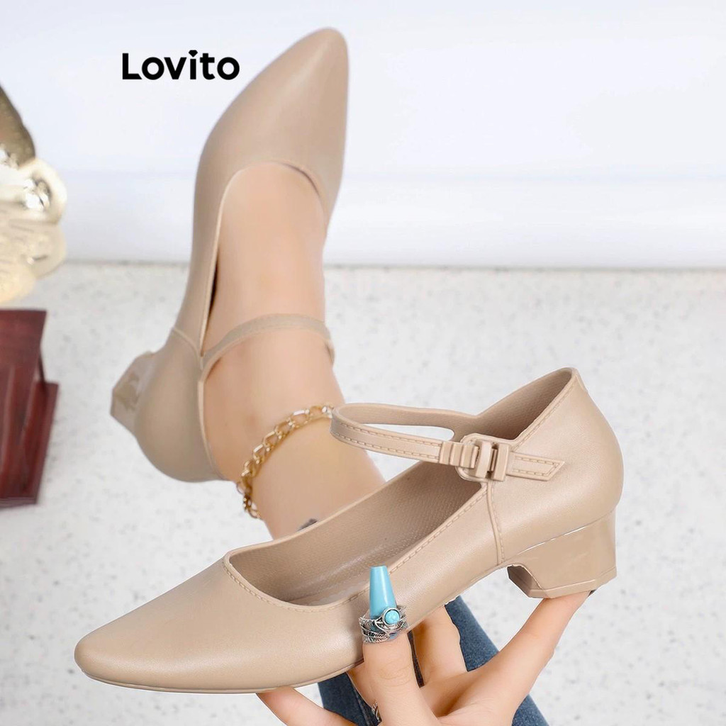 Lovito สง่างามธรรมดาชี้บล็อกส้นสบายสวมใส่ด้านนอกปากตื้นหนึ่งคําเข็มขัดรองเท้าส้นสูงสําหรับผู้หญิง  LFA64236