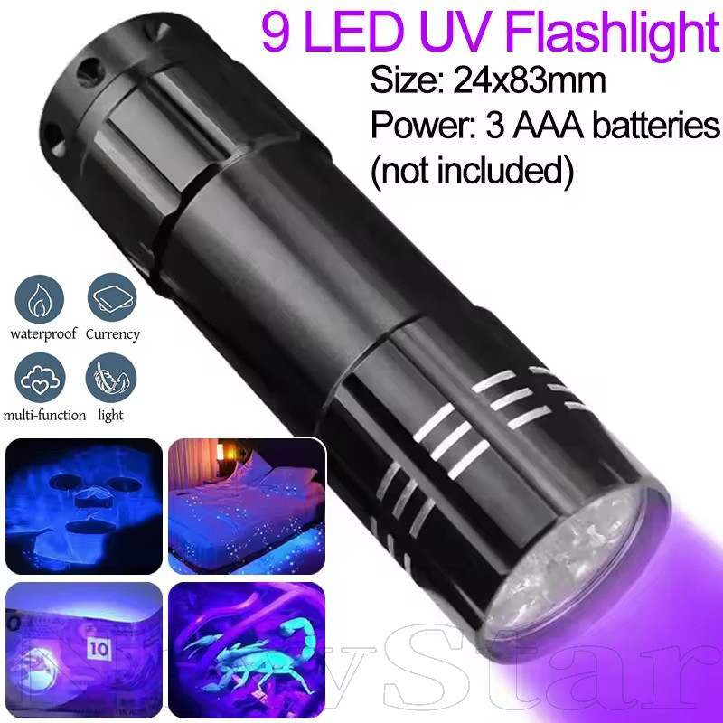 ไฟฉาย UV 395NM สําหรับฆ่าเชื้อและตรวจจับทางการแพทย์, ไฟฉาย LED อลูมิเนียมอัลลอยด์ 9 เม็ด, ช่วง 50-10