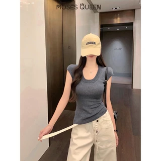 MOSESQUEEN การออกแบบอารมณ์ที่สวยงาม U-คอด้าย Slim ไหล่แขนสั้นเสื้อยืด 2025 ฤดูร้อนใหม่ Slim สุภาพสตรีด้านบน #59812