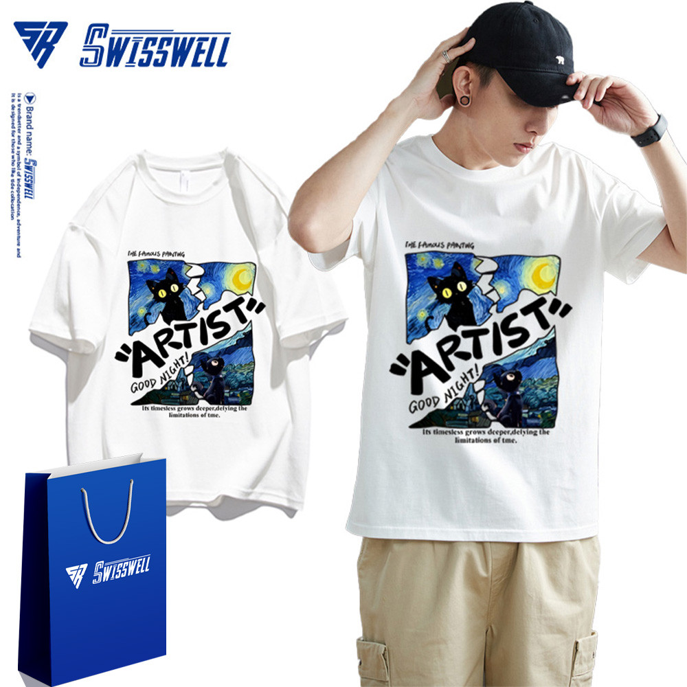 SwissWell  Flash Sale เสื้อยืดผู้ชาย คอกลม ทรงหลวม ระบายอากาศ Oversize ทั้งชายหญิง ผ้าฝ้าย100% ลาย "Cat" ใส่สบาย tshirt