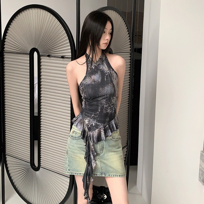 เสื้อสายเดี่ยวแขนสั้น ลายพิมพ์บนผ้าฝ้ายเนื้อนุ่ม แบบคอว่าว มีสายคล้องบ่า สไตล์MBG3