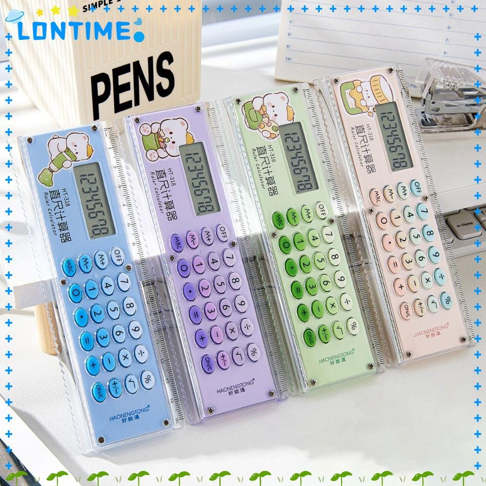 LONTIME เครื่องคิดเลขไม้บรรทัด, ไม้บรรทัดตรงขนาดเล็ก 8 หลัก, การ์ตูนพร้อมปุ่มซิลิโคนประเภทเงียบไม้บรรทัดวัดโรงเรียน