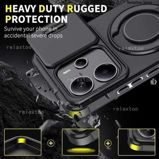 Casing For Xiaomi Redmi Note14 Note13 Note 14 Pro Plus Pro+ 14Pro+ 13Pro+ Note14Pro+ Note13Pro+ 5G 4G Shockproof Hard Phone Case Metal Armor Ring Bracket Stent Back Push Camera Lens Privacy Protect Holder Back Casing Cover