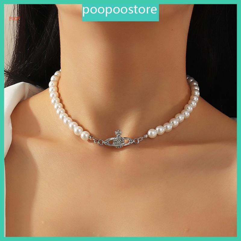 Imitation Pearl Necklace Artificial Planet Diamond Chocker Pendant for Women