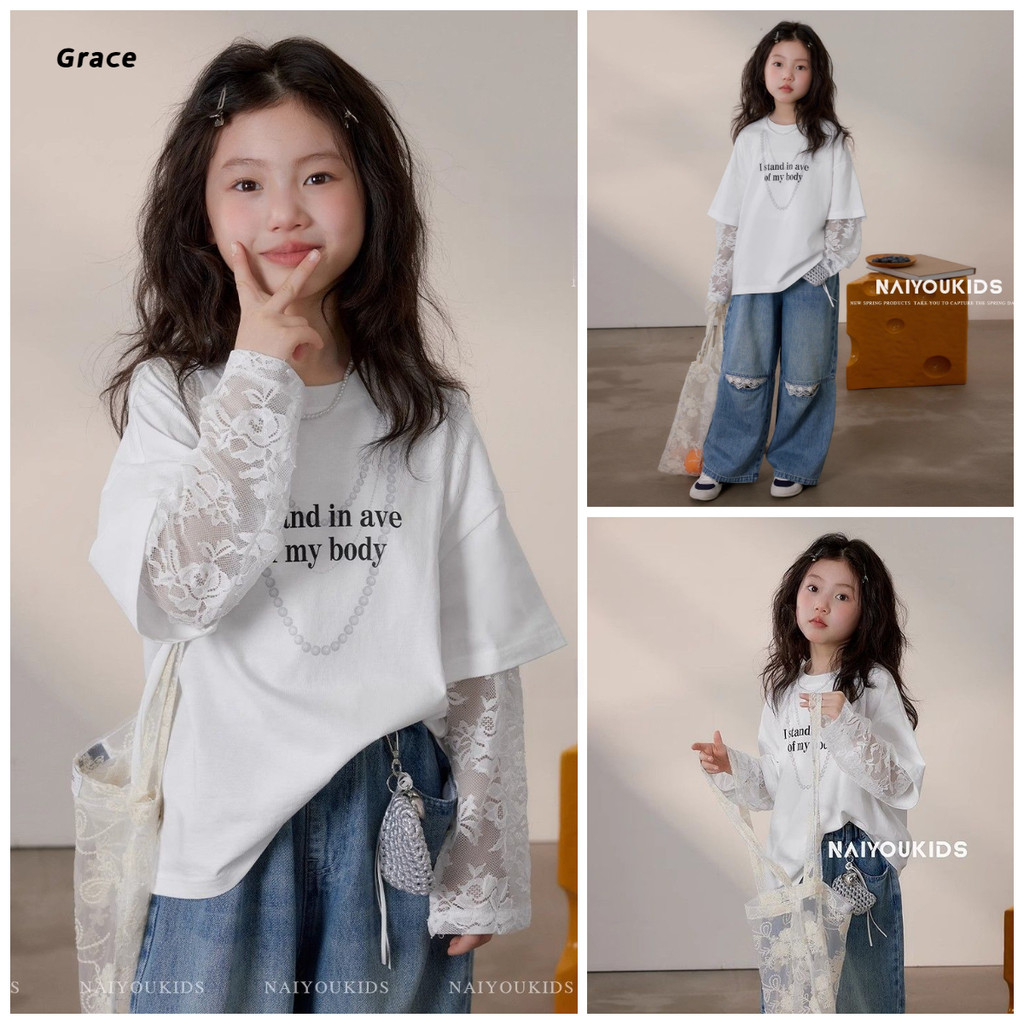 [Grace] (พร้อมสต็อก)🌟4-12 ปีเสื้อผ้าเด็กปลอมสองชิ้นเสื้อยืด 2025 ลูกไม้เกาหลีสาวแขนยาว จุดต่ําสุด สูงสุด...GR1059#