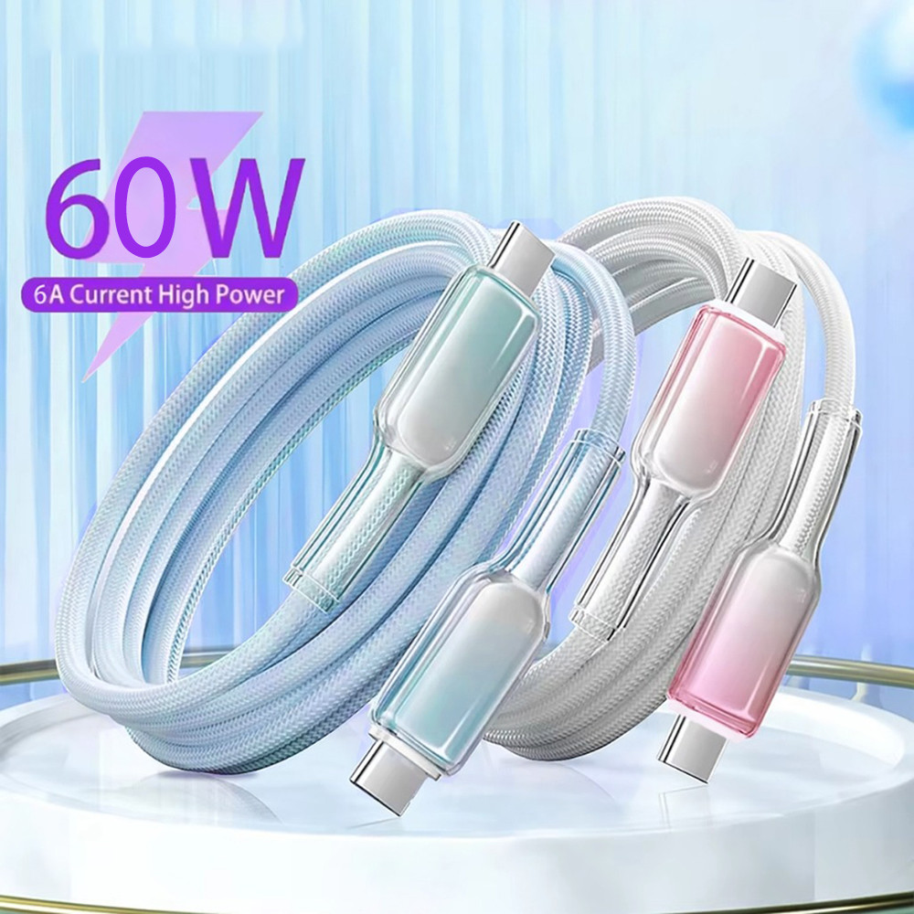 สำหรับ iPhone USB C PD 30W สายเคเบิลข้อมูลชาร์จเร็วแบบถักโปร่งใสไล่เฉดสี สายเคเบิลข้อมูล Type C ทนทานต่อการสึกหรอ 1ม/2ม.