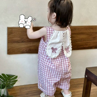 เสื้อผ้าเด็กฤดูร้อน~ชุดจั๊มสูทแขนกุดลายสก๊อตหูกระต่ายสําหรับ…