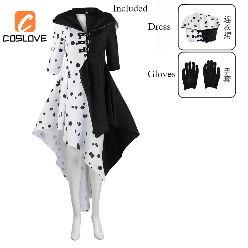 Cruella De Vil คอสเพลย์เสื้อผ้าชุดเครื่องแต่งกายสําหรับผู้หญิงยาว Black & White Dot กระโปรง Stage Performance คอสเพลย์ - รูปที่ 4
