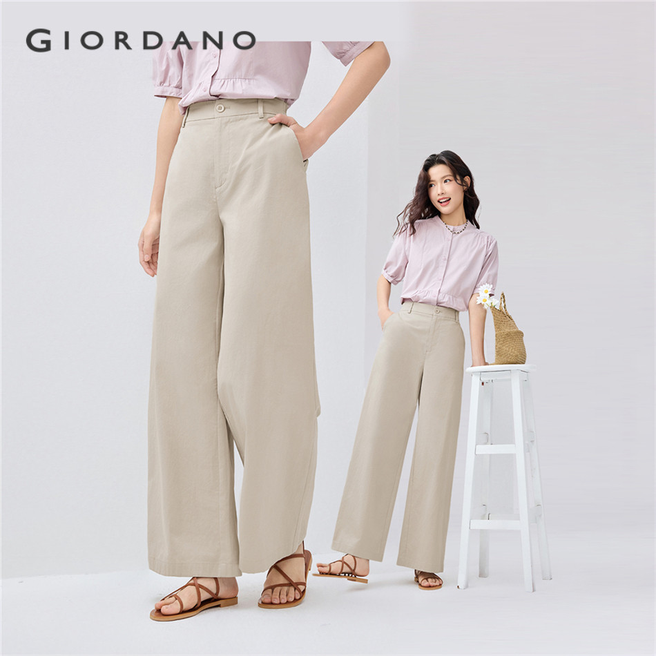 GIORDANO WOMEN 100% Cotton half elastic waist wide leg pants 13415227