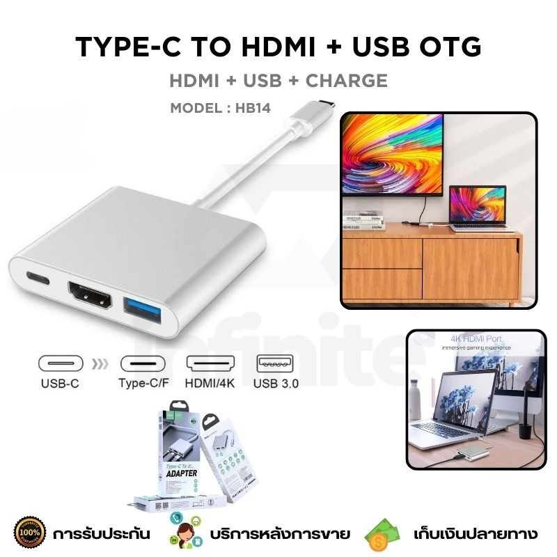 Type-C to HDMI+USB 3.0+Type-C ชาร์จ ต่อพ่วงจอ Projector ผ่าน HDMI รองรับ 4K ULTRA HD Resolution