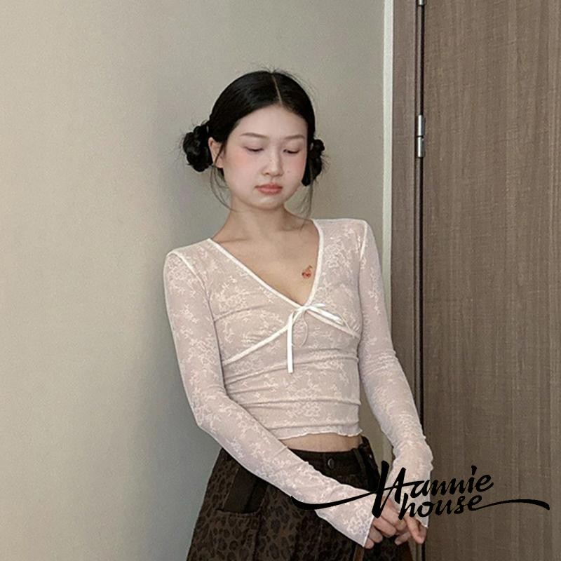 Hanie House- เสื้อยืดคอวีแขนยาวลูกไม้ลายดอกไม้โบว์